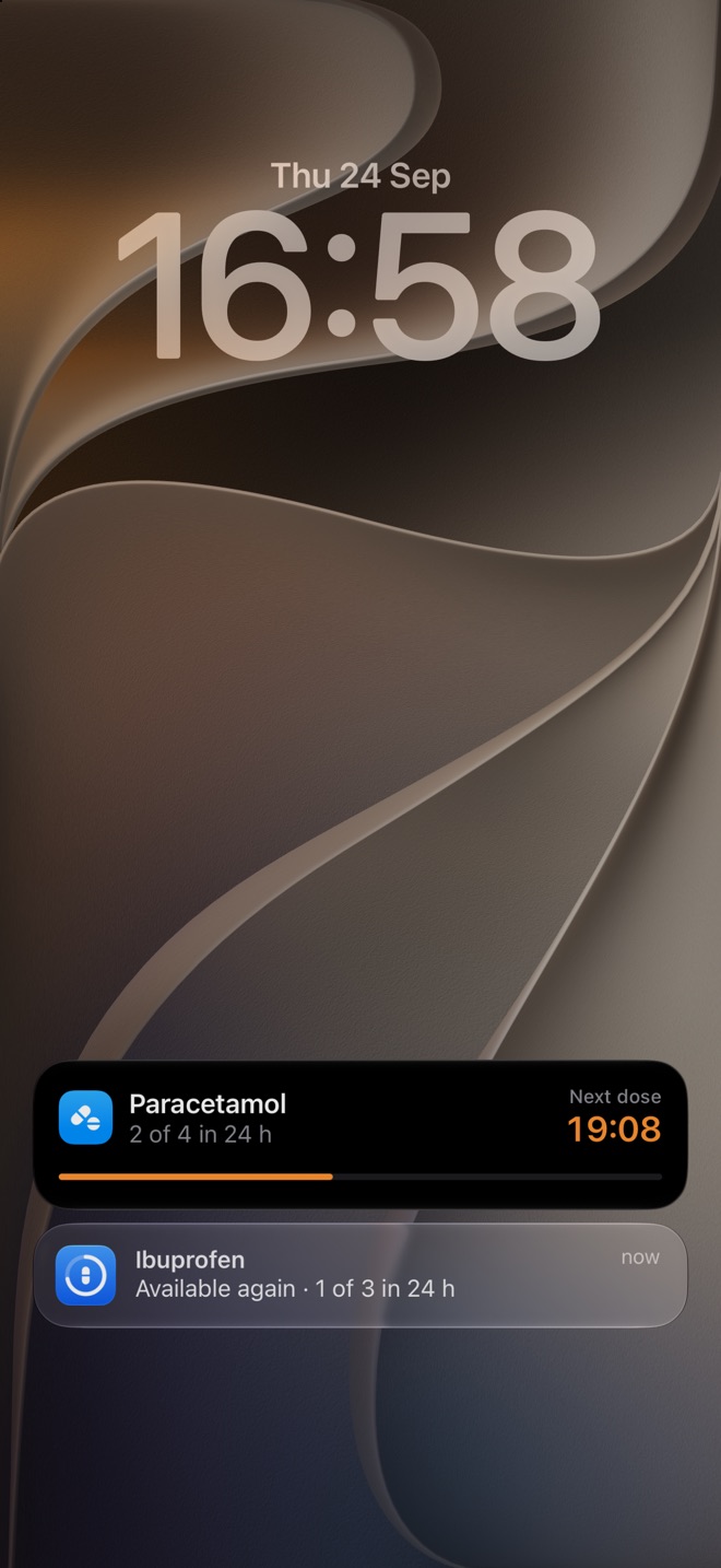 The Lock Screen with a Doses Live Activity counting down to the next dose, and a notification saying another medicine is available again