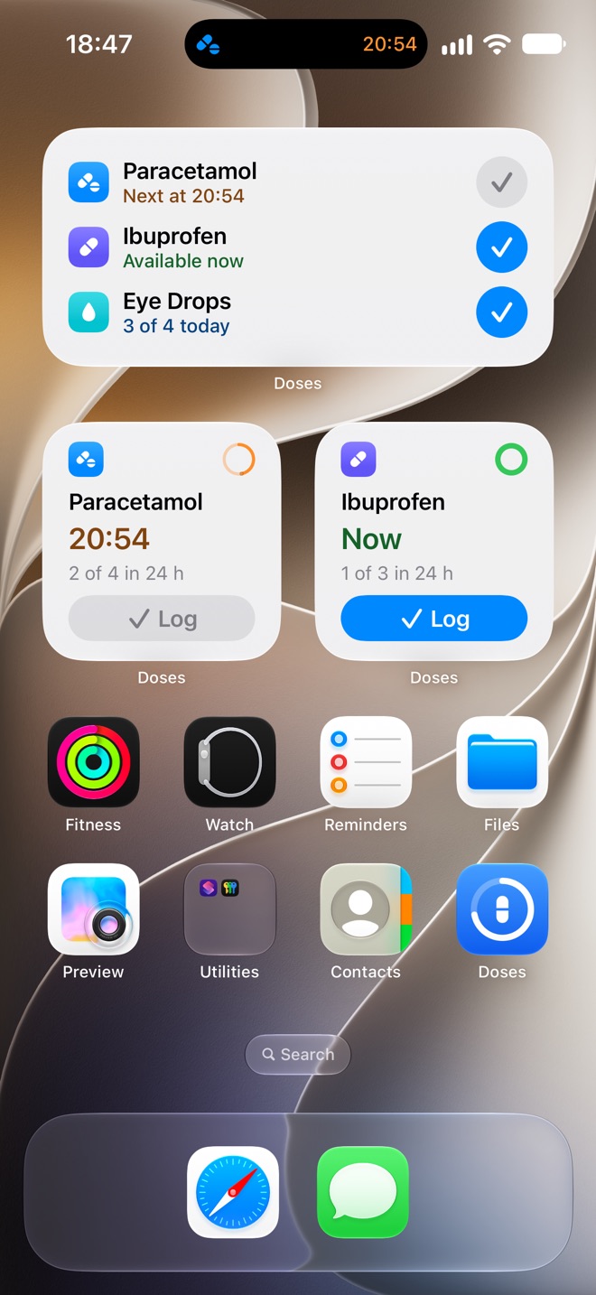 Doses widgets on the Home Screen, with a Log button, and the countdown in the Dynamic Island