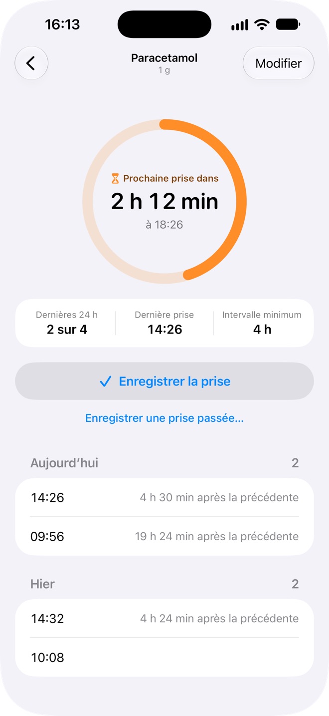 La page d’un médicament dans Doses, avec les prises d’aujourd’hui et d’hier et le temps entre elles