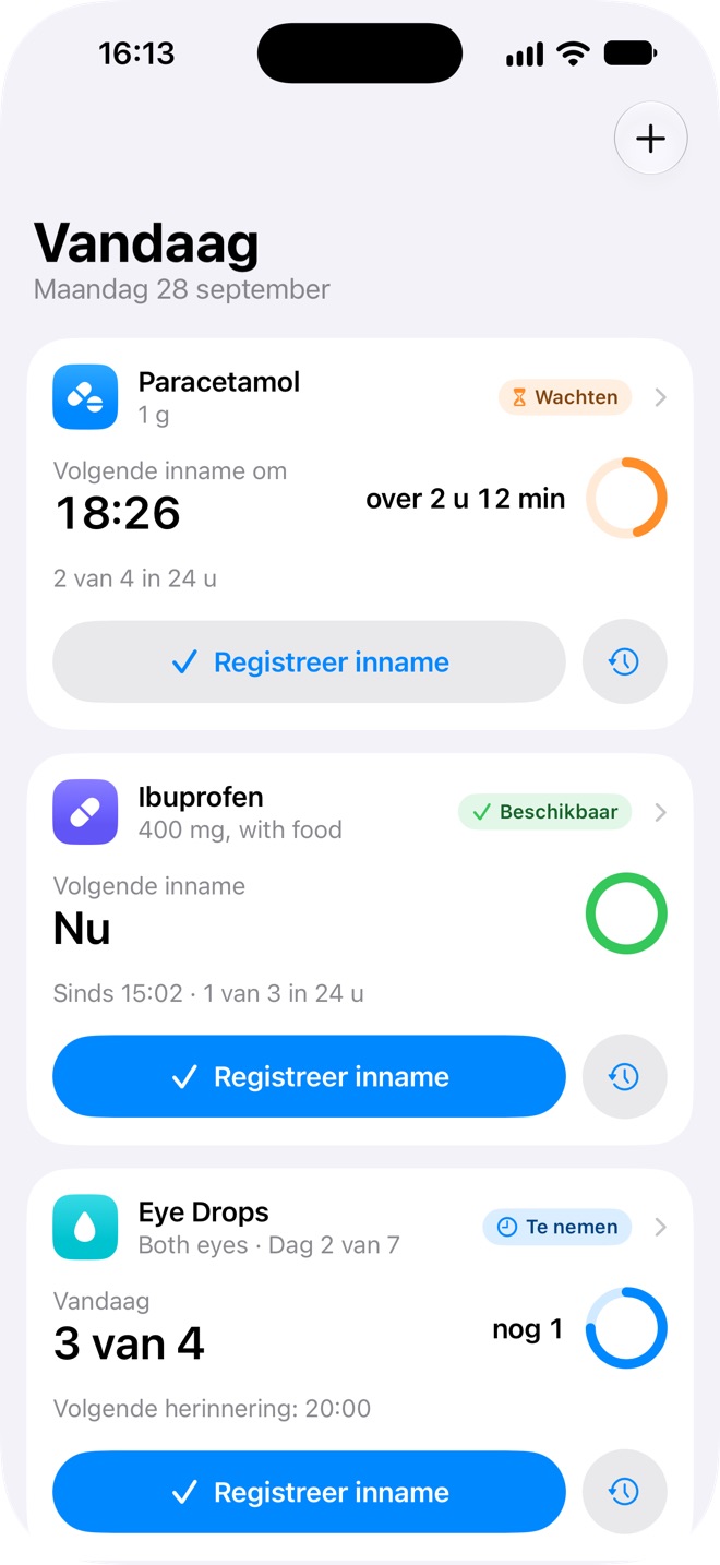 Het scherm Vandaag in Doses: één medicijn wacht nog, één is nu beschikbaar, en oogdruppels staan op 3 van 4 voor vandaag