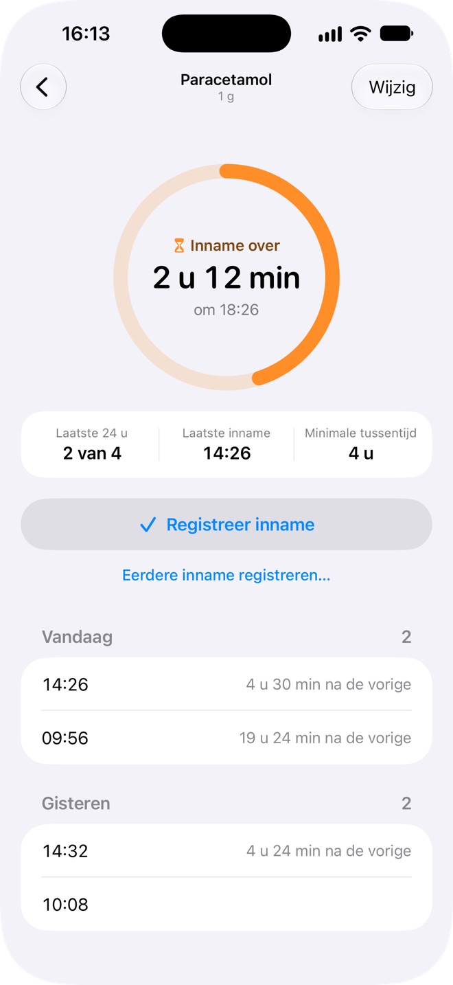 De pagina van een medicijn in Doses, met de innames van vandaag en gisteren en de tijd ertussen