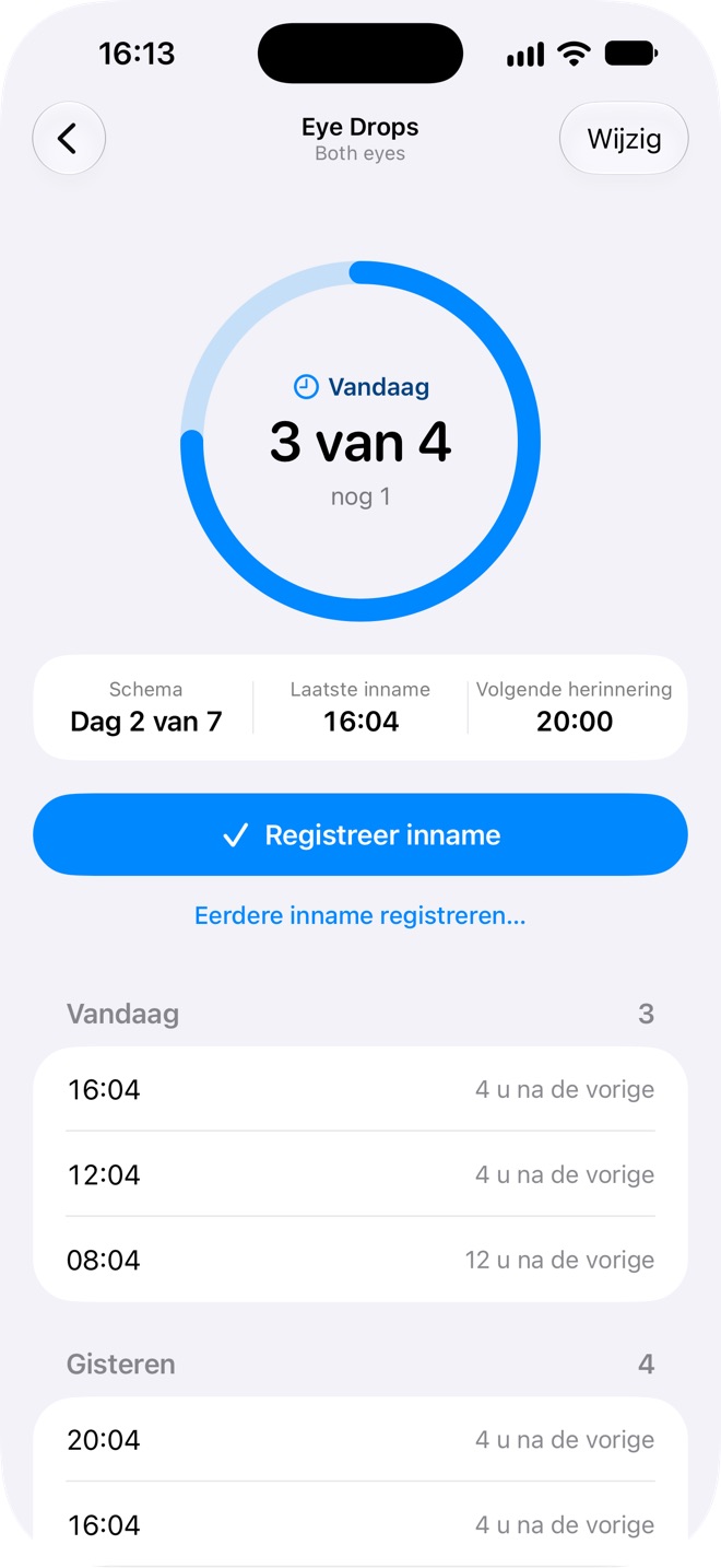 Een kuur met oogdruppels in Doses: 3 van 4 vandaag, dag 2 van 7, volgende herinnering om 20:00