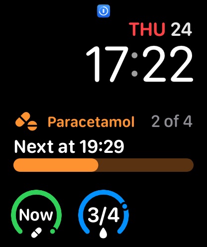 An Apple Watch face with Doses complications showing the next dose
